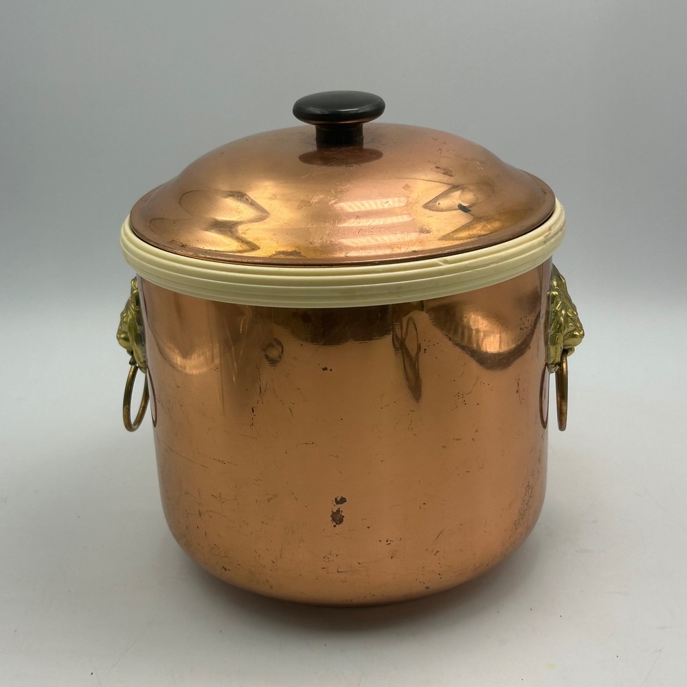 Vintage Copper Ice Bucket Orange Lion Head Brass Handles Regency Barware